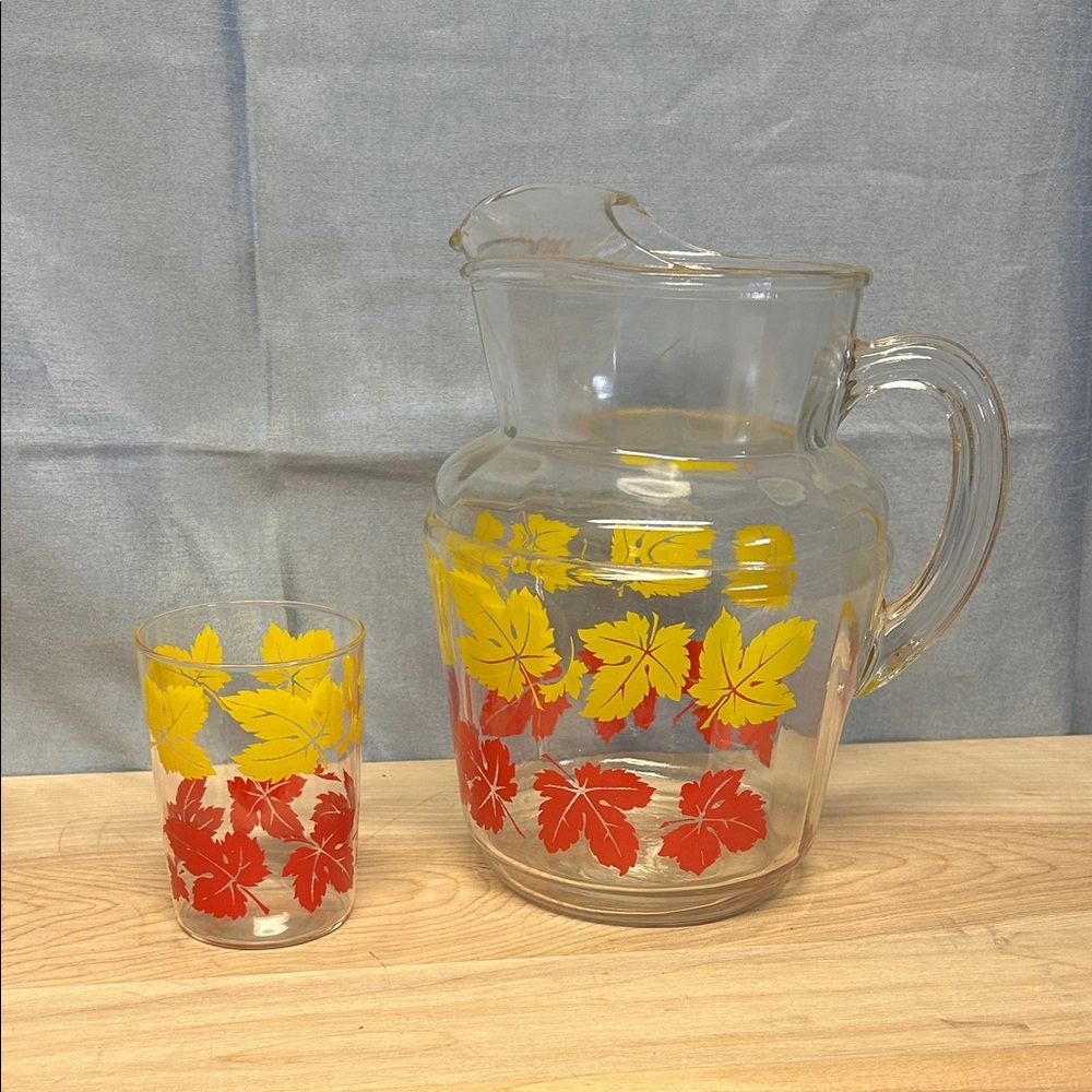 Vintage large heavy Glass Pitcher and Tumbler Set with Leaf Design